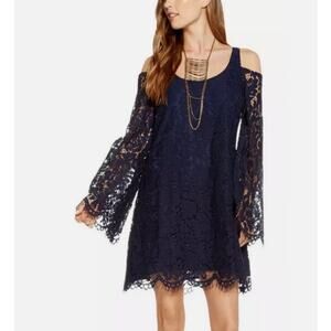 Chaser Vintage Lace Bell Sleeve Cold Shoulder Mini Dress Navy Blue Womens Medium